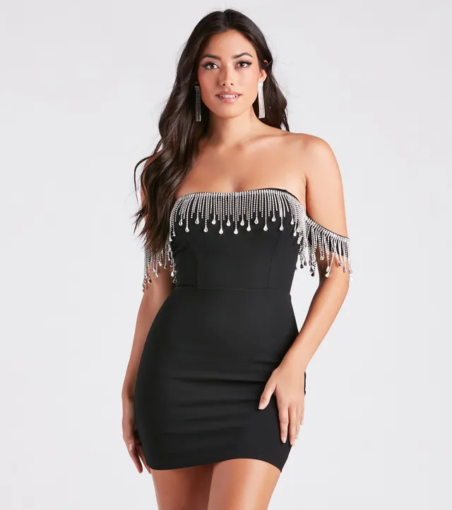 Windsor Shaylee Rhinestone Fringe Off-The-Shoulder Dress