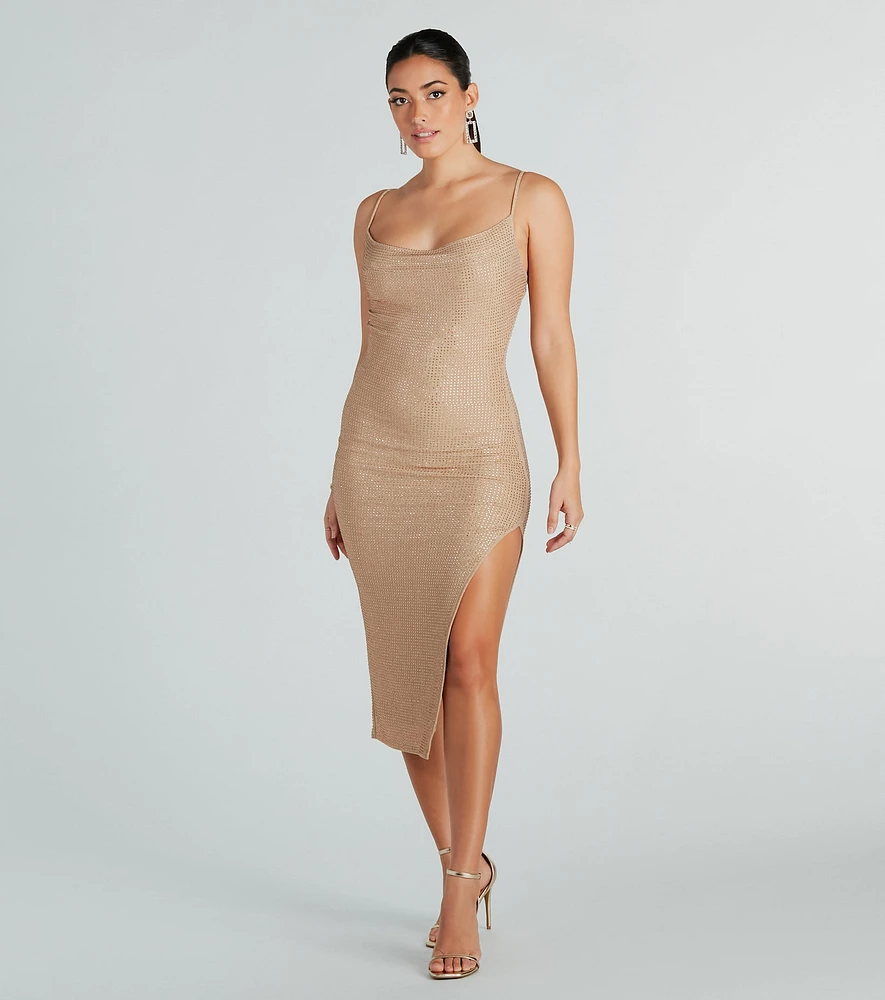 Lilianna Formal Rhinestone High Slit Midi Dress