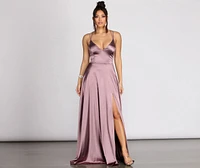 Brielle Stretch Satin V Neck Formal Dress