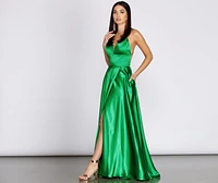 Evalina Satin Lace Up Back A-Line Dress