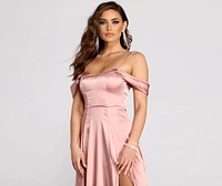 Cassia Lace-Up Back Off Shoulder Satin Dress