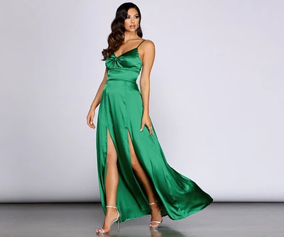 Anjolie Knot Front Satin Slit Dress