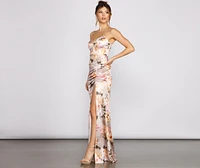 Taylor Satin Floral High-Slit Dress