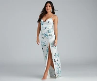 Taylor Satin Floral High-Slit Dress