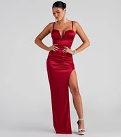 Jessa Formal Satin V-Neck Slit Dress