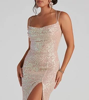 Debra Formal Sequin Cowl Neck Dress