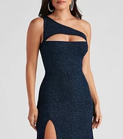Alanna One-Shoulder Glitter Knit Formal Dress