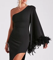 Vivian One-Shoulder Feather Trim Formal Dress