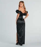 Elodie Formal Ruffled Off-The-Shoulder Satin Mermaid Dress