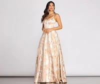 Cherie Floral Jacquard Deep V Ball Gown