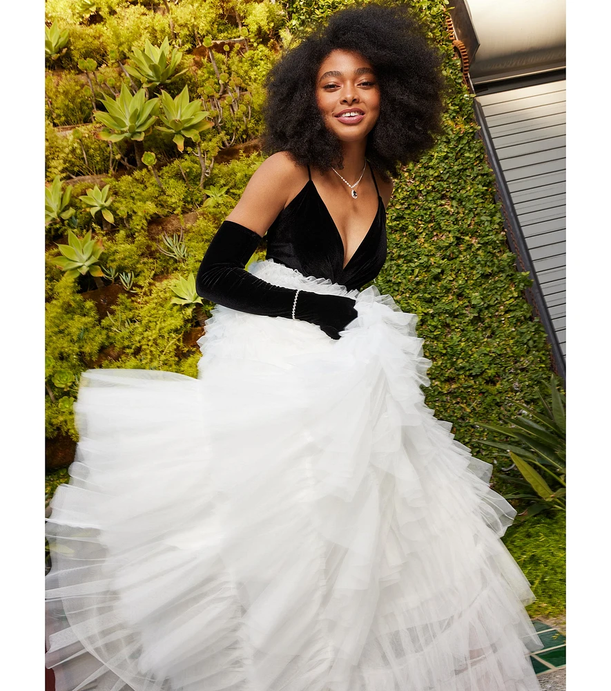 Carrie A-Line Ruffled Mesh Ball Gown With Gloves