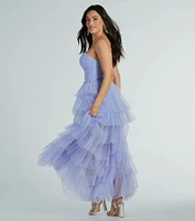 Lizette Strapless A-Line Ruffle Pleated Tulle Gown