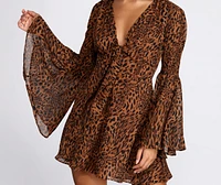 Leopard Bell Sleeve Chiffon Mini Dress