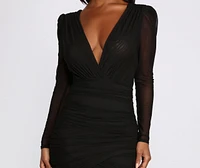 Mesh Long Sleeve Deep V Mini Dress
