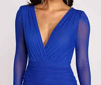 Mesh Long Sleeve Deep V Mini Dress