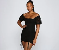 Drawn Puff Sleeve Ruched Mini Dress