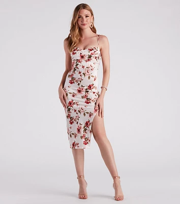 Framed Floral Satin Midi Dress