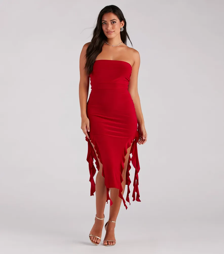 Ruffle Hem Slit Strapless Midi Dress