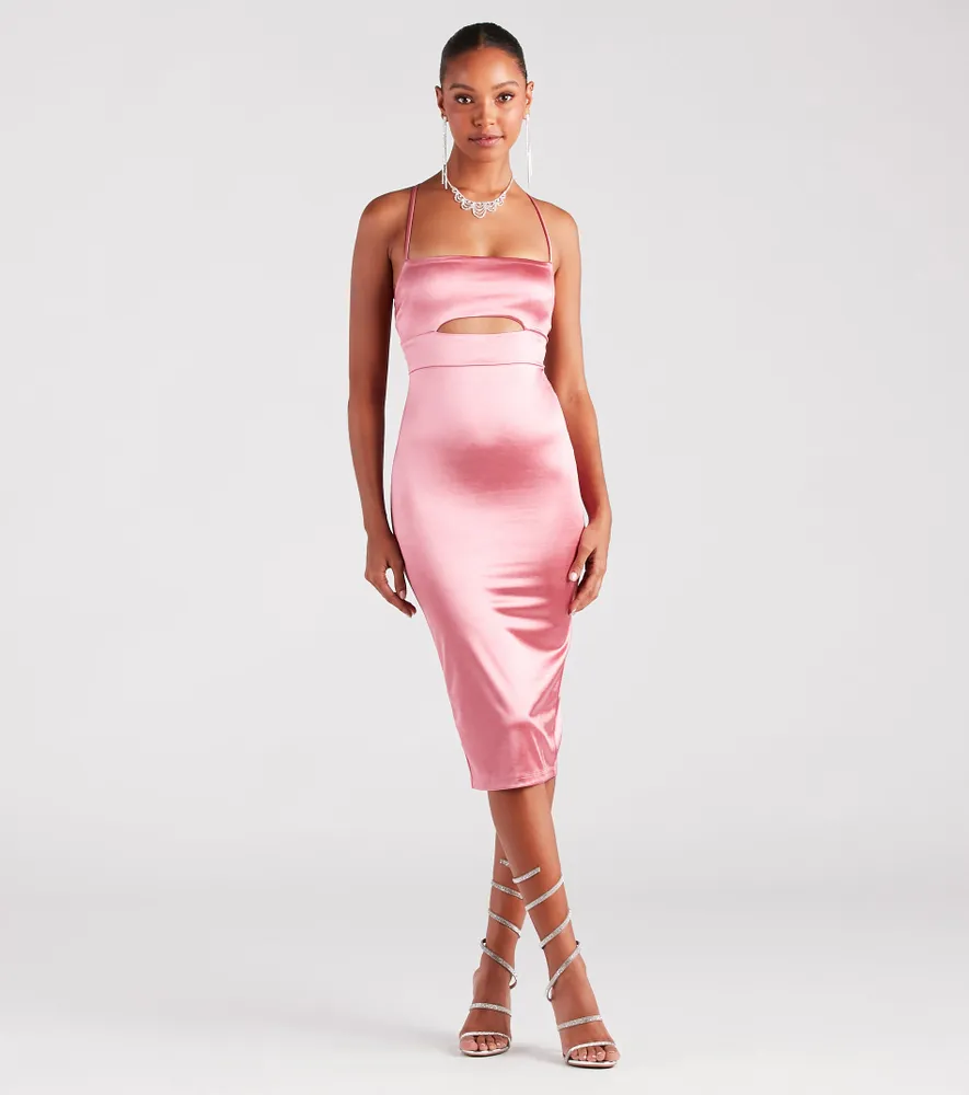 Pink Satin Cowl Lace Up Bodycon Dress