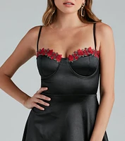 Pretty Satin Rose Applique Skater Dress