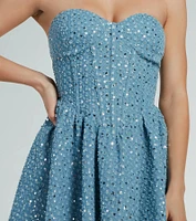 So Flirty Strapless Sequin Glitter Denim Skater Dress