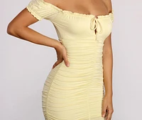 Oh So Dainty Ruffle Trim Off Shoulder Ruched Mini Dress
