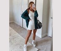 Ribbed Knit Crew Neck Bodycon Mini Dress
