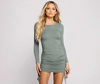 Ruched And Ribbed Knit Crew Neck Mini Dress