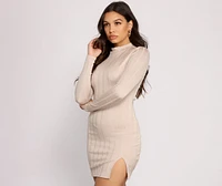 Basic Side Slit Ribbed Knit Mini Dress