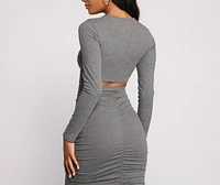 Open Back Ruched Ribbed Knit Midi Dress