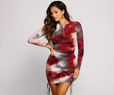 Keeping Knit Retro Tie Dye Ruched Mini Dress