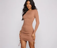 Ruched And Ribbed Knit Crew Neck Mini Dress