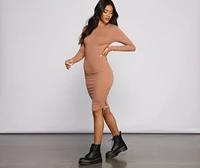Ruched And Ribbed Knit Crew Neck Mini Dress