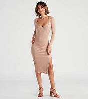 The Midi Long Sleeve Slit Dress