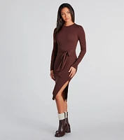 Stylish Staple Tie-Front Ribbed Knit Midi Dress