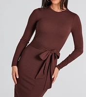 Stylish Staple Tie-Front Ribbed Knit Midi Dress