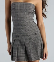 Make A Debut Plaid Strapless Pleated Mini Dress