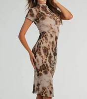 Make It Fierce Crew Neck Leopard Mesh Midi Dress
