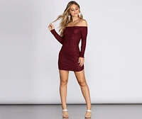 Off Shoulder Long Sleeve Glittering Mini Dress