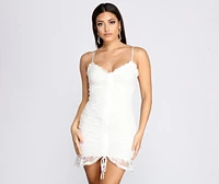Pullin' At Your Heartstrings Ruched Lace Mini Dress