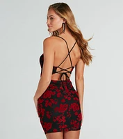 Garden Paradise Floral Velvet Lace-Up Mini Dress