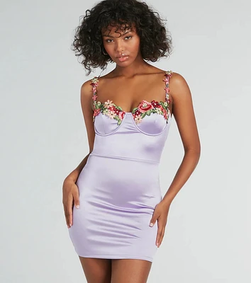 She's A Beauty Floral Applique Satin Mini Dress