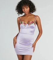 She's A Beauty Floral Applique Satin Mini Dress