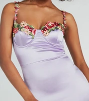 She's A Beauty Floral Applique Satin Mini Dress