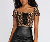 Lace Up Leopard Print Crop Top