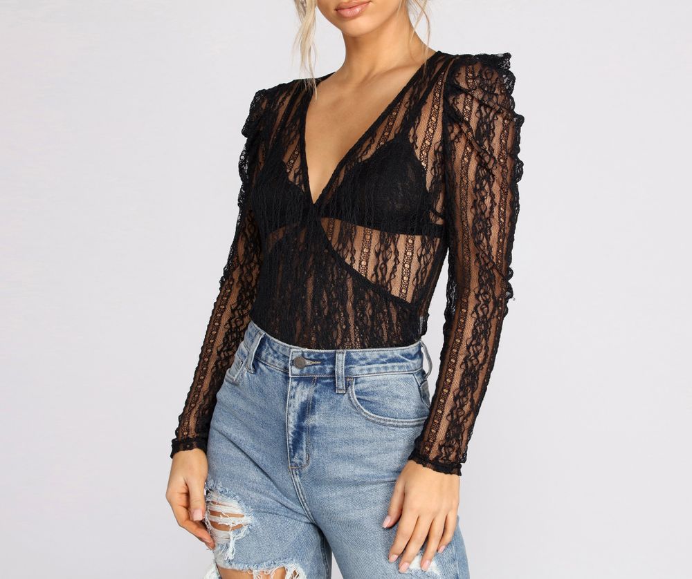 Black Sexy Surplice Neck Long Puff Sleeve Lace Bodysuit