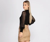 Sheer Balloon Sleeve Mock Neck Top