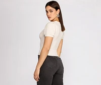 Puff Sleeve V Neck Ribbed Top