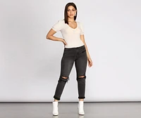 Puff Sleeve V Neck Ribbed Top