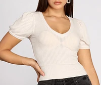 Puff Sleeve V Neck Ribbed Top
